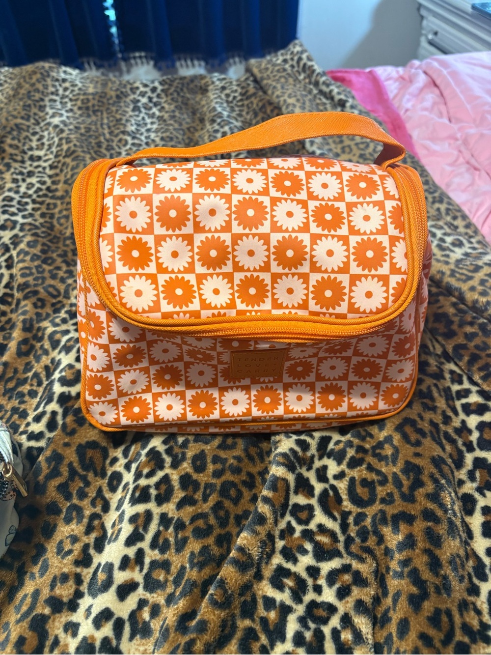 Orange Floral Check Cosmetic Bag